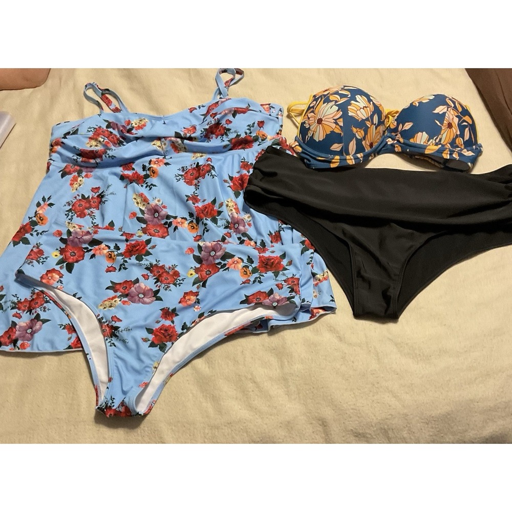 Swimwear Womens 3XL Blue Floral Tankini Bikini Top High Waist Bottoms 4pcs 2Sets